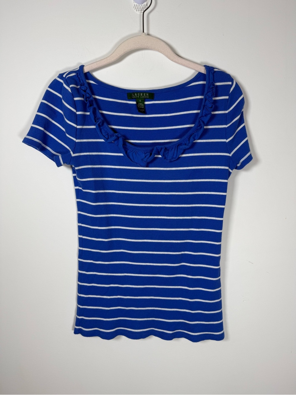 💙RALPH LAUREN | Blue & White Striped Cotton Ruffle Neckline Tee Size S